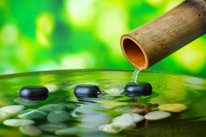 Spa still life with bamboo fountain, on bright background